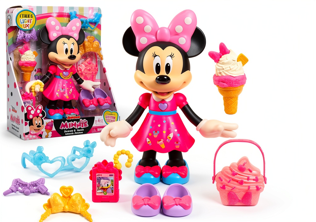 Installing Minnie Mouse Doll Just Play Up Playset for Kids on a wooden desk