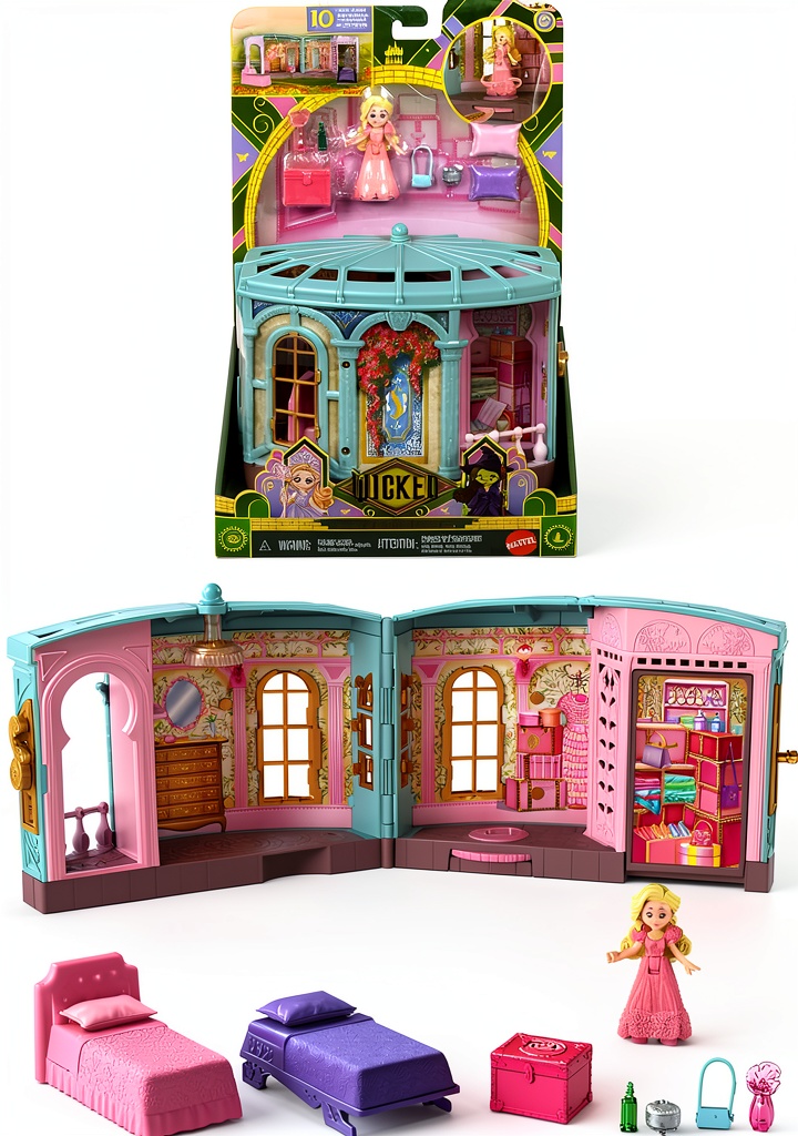Installing Mattel Wicked Glinda Doll Playset for Kids 4+ on a wooden desk